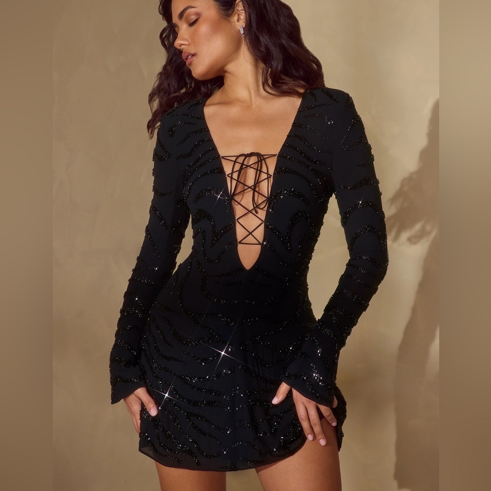 Oh Polly ESTELLE Long Sleeve Lace‎ Up Beaded Mini Dress in Black